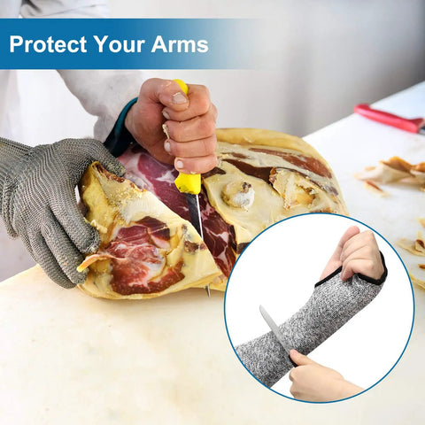Person using Arm Protection Sleeves Level 5 Cut Two Pairs Heat Resistant Protectors while handling meat and knife