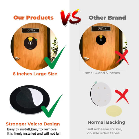 Comparison of 6 inch Do Not Disturb Door Sign With Come In Welcome And In A Meeting Status Options vs smaller brands with Velcro backing