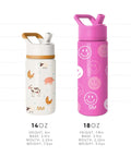 Disney Princess 14oz Kids Water Bottle With Straw Lid Insulated Stainless Steel Tumbler For Girls School Hydration Essential, shown with a pink 18oz water bottle for size comparison.