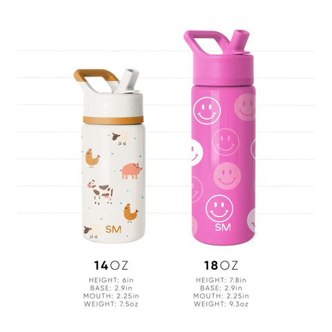 Disney Princess 14oz Kids Water Bottle With Straw Lid Insulated Stainless Steel Tumbler For Girls School Hydration Essential, shown with a pink 18oz water bottle for size comparison.
