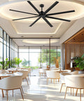 Ginormous 96-Inch HVLS Ceiling Fan with 8 Metal Blades installed in modern dining space, black finish, 18,000+ CFM for large areas.