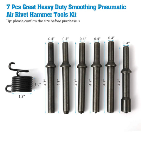 Heavy Duty Smoothing Pneumatic Air Rivet Hammer Tools Kit 7 Piece Set with chisels and spring in 40RC steel.