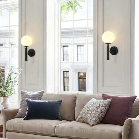 Set of 2 Dope Black Globe Wall Sconces With Milk Glass Shades Modern Farmhouse Mid Century Wall Lights for living room