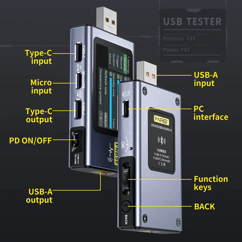 Beast USB Power Tester 4 To 28V 7A LCD Meter With USB A And Type C Ports Voltage And Current Readout Ripple Measurement labels