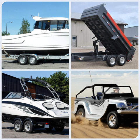 Collage of a boat trailer, dump trailer, boat, and off-road vehicle in various settings.