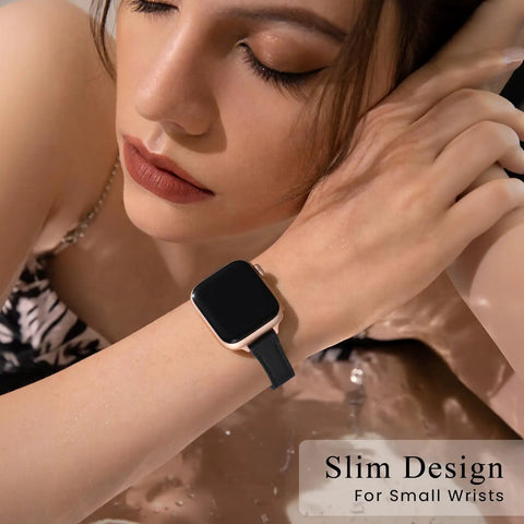Pretty Sweet Slim Leather Band Compatible With Apple Watch For Women, black leather strap on small wrist, stylish and comfy design.