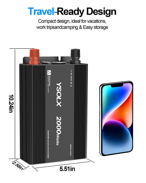 Tailgate Tested 2000W Power Inverter DC To AC Converter 12V To 110V With Three AC Outlets For RV Truck Camping And Home Emergency Backup Peaking At 4000W Watts Solid Build next to smartphone for size reference.
