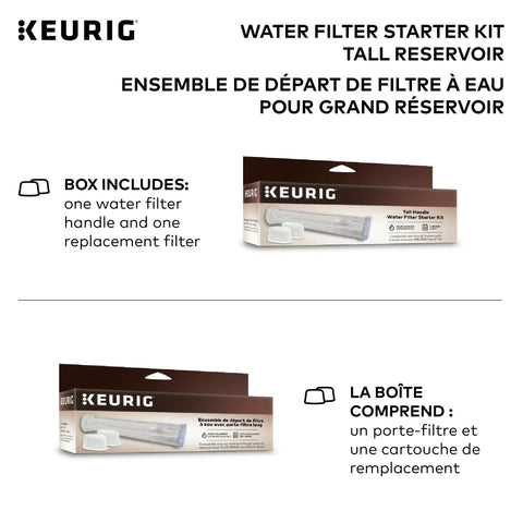 Tall Handle Water Filter Starter Kit With Handle And Two Replacement Filters For Coffee Makers packaging, Keurig branding.