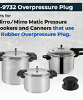 Overpressure Plug Replacement Part For Mirro Mirro-Matic Pressure Cookers And Canners Rubber Plug Seal shown with cookers