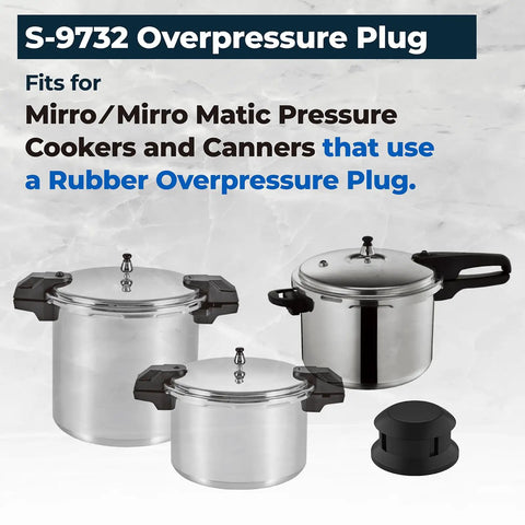 Overpressure Plug Replacement Part For Mirro Mirro-Matic Pressure Cookers And Canners Rubber Plug Seal shown with cookers