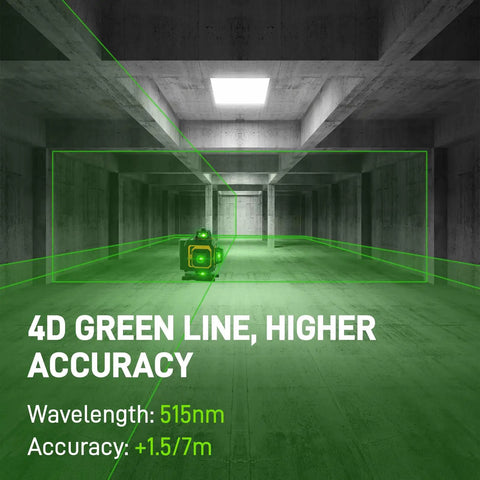 360 Self Leveling Laser Level With 4D Capabilities And 16 Green Lines in large room, displaying projected green line grid.