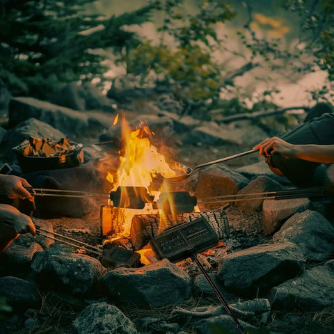 Cooking over campfire using a Cast Iron Camp Pie Cooker Set Of 2 For Campfire Sandwiches And Pies with extra long handles.