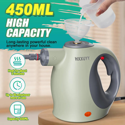 Hella Efficient Handheld Pressurized Steam Cleaner With Auto Spray Mode And 13 Piece Kit for easy filling and use, green portable steamer.