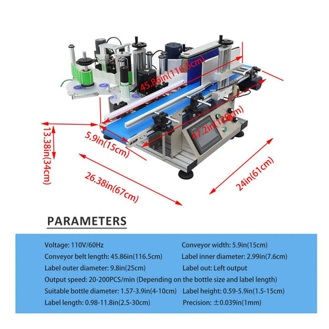 Top Shelf Automatic Labeling Machine For Round Bottles Hella Fast Labeler With Built In Code Printer And Rock Solid Conveyor showing dimensions and specifications.