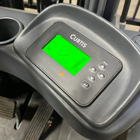 Control panel of Heavy Duty Electric Pallet Stacker showing display and buttons for operation.