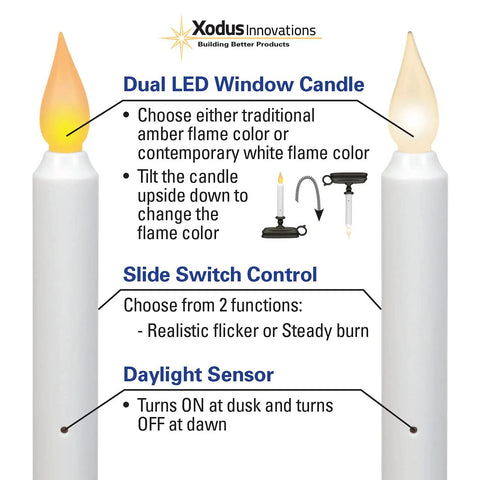 Battery Operated LED Window Candle With Dusk To Dawn Sensor And Hot Spot Flame Technology In Amber Or White Finish diagram