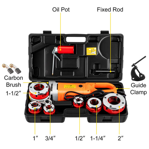 Powerful 2300W Pipe Threader For Half To Two Inch Pipes With 6 Dies And 110V Handheld Electric Threading Machine Copper Motor 22 RPM No Load Speed Portable Kit With Carrying Case By VEVOR