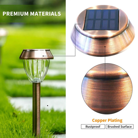 Close-up of Solar Pathway Lights 6 Pack Outdoor Waterproof Garden Lighting Stainless Steel Walkway Lamps with copper-plated finish.