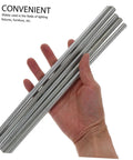 Hand holding Five Piece Threaded Extension Rod Kit For Pendant Lighting And Ceiling Fixtures, silver hollow rods.