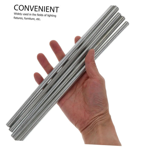 Hand holding Five Piece Threaded Extension Rod Kit For Pendant Lighting And Ceiling Fixtures, silver hollow rods.