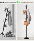 Comparison of freestanding coat racks with marble base and eight heavy duty hooks, showcasing stable metal hanger stand for entryway.