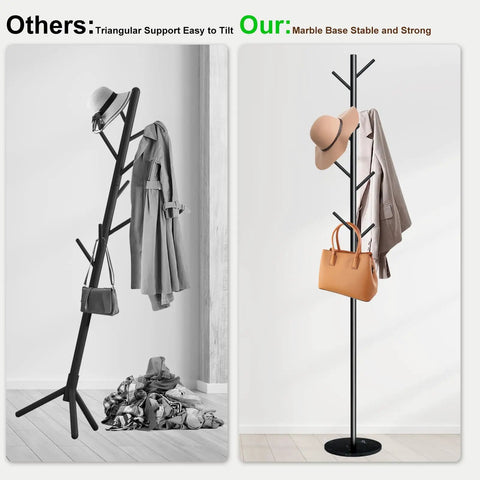 Comparison of freestanding coat racks with marble base and eight heavy duty hooks, showcasing stable metal hanger stand for entryway.