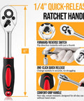Professional Grade Mini Socket Set Featuring Quick Grip Ratchet And Extension Bar For Knuckling Down On Stubborn Bolts Fast Repairs At Home Or Under The Hood 6-inch quick-release ratchet handle with comfort grip.