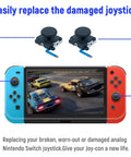 Ultimate 18 In 1 Joy Con Repair Kit For Nintendo Switch Not For Switch 2 with two replacement analog sticks shown above a console