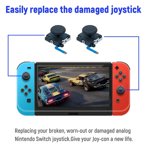Ultimate 18 In 1 Joy Con Repair Kit For Nintendo Switch Not For Switch 2 with two replacement analog sticks shown above a console