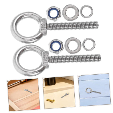 Pro Grade Stainless Steel Eye Bolts M10x60 Threaded Hang Hooks With Nuts And Washers for rigging and DIY tasks, showing hardware components.