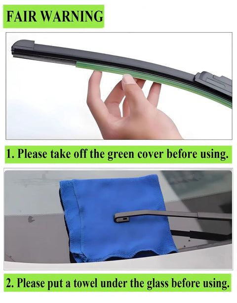 Instructions for Rock Solid Heavy Duty 26 Plus 22 Inch Wiper Blades Set Of 2: removing green cover and towel placement for use.