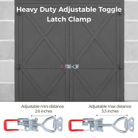 Heavy Duty Adjustable Toggle Latch Clamp securing double doors, with max distance of 3.3 inches and min distance of 2.6 inches