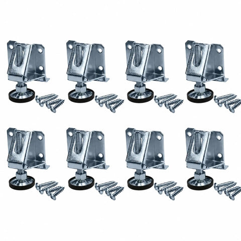 Game Changing Rock Solid Heavy Duty Floor Levelers 8 Pack Complete Tool Kit includes zinc steel leveling feet and screws.