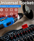 Close-up of All In One 80 Piece Magnetic Impact Nut Driver Kit Pro Grade With Metric And SAE Bits and universal sockets in use.