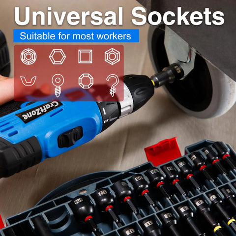 Close-up of All In One 80 Piece Magnetic Impact Nut Driver Kit Pro Grade With Metric And SAE Bits and universal sockets in use.