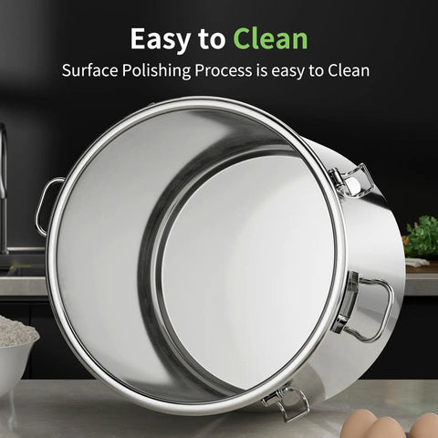Heavy Duty Stainless Steel Airtight Food Storage Bucket With Secure Locking Lids Great For Bulk Rice Flour Dog Food Or Coffee showing easy-to-clean polished interior.