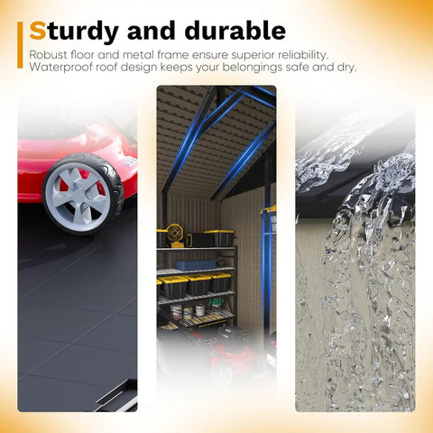 Sturdy and durable 8x10 Ft Plastic Storage Shed With Floor showing robust floor, interior shelves, and waterproof roof design.