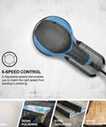 Beefy 4.9 Inch Random Orbital Sander Corded Power Tool With Full 20 Piece Sandpaper Roll Kit showing 6-speed control dial for sanding options.