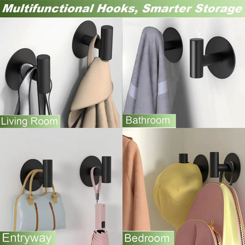 Self-Adhesive Rust-Resistant Stainless Steel Coat Hooks Heavy-Duty No-Drill Wall Hangers for Towels Robes Coats Hats Black 2 Pack in living room, bathroom, entryway, and bedroom settings