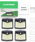 Four-pack outdoor solar motion lights with 128 LED, 270-degree wide angle, IP65 waterproof security flood lights, user manual, screws.