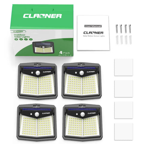 Four-pack outdoor solar motion lights with 128 LED, 270-degree wide angle, IP65 waterproof security flood lights, user manual, screws.