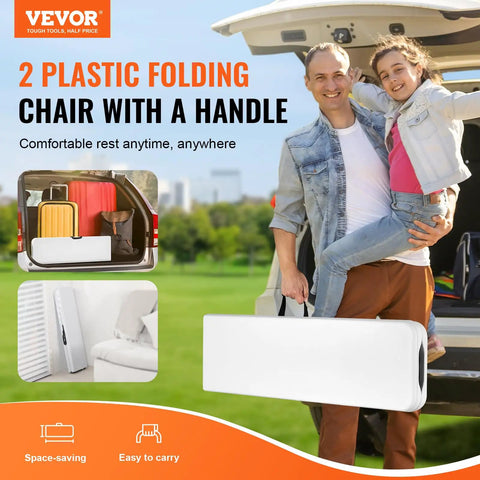 Father and daughter holding a folded portable plastic chair with handle next to a car, showcasing easy outdoor seating solution.