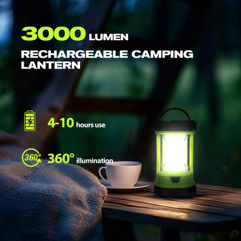 3000LM Rechargeable Camping Lantern With 5 Light Modes Waterproof COB Dual Panels Create 360 Degree Beam lit on table