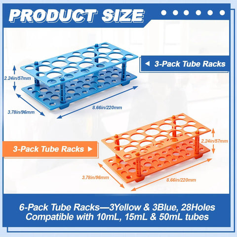 Six Pack 28 Well Test Tube Rack Set For 10 mL 15 mL And 50 mL Tubes Detachable Plastic Stand With Color Coded Rims In Blue And Orange