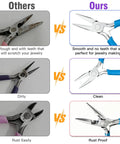 Comparison of jewelry making needle nose pliers, ours with smooth tips vs others with rough, dirty, rust-prone tips.
