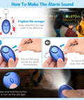 Image showing instructions for using the Everyday Safety Keychain Set's personal alarm with visual steps.