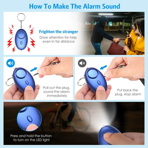 Image showing instructions for using the Everyday Safety Keychain Set's personal alarm with visual steps.