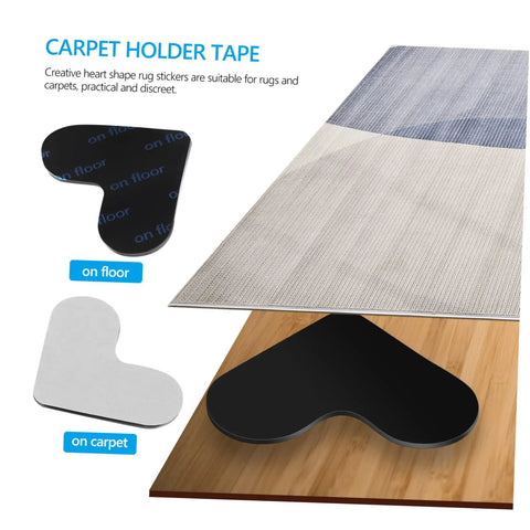 4 Pack Heart Shape Non Slip Rug Pads For Hardwood Floors And Tiles shown on a rug and wooden floor