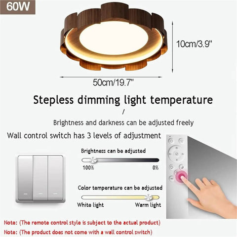 Top Shelf Wood Grain Led Ceiling Light Fixture, Solid Flush Mount With Mid Century Modern Vibe with dimming controls and size details.