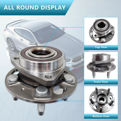 Front And Rear Wheel Hub Bearing Assembly 513288 Fits 2010 To 2020 Chevy Equinox Impala Malibu Limited GMC Terrain Cadillac CTS XTS Buick Lacrosse Regal Allure Saab 9 5 Heavy Duty With Five Lug And ABS Two Piece displayed with car